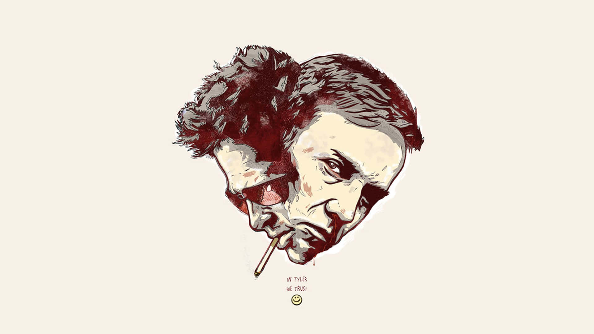  壁紙 — 一幅風格化的插圖，描繪一個男人側面抽煙，以深紅色和米色調呈現，背景為淺色。
