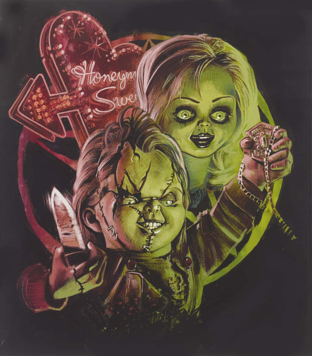  壁紙 — 一個風格化的插圖，描繪了恰吉和他的新娘，皮膚發出綠色光芒，在黑暗背景下拿著一把刀和一條玫瑰經念珠。