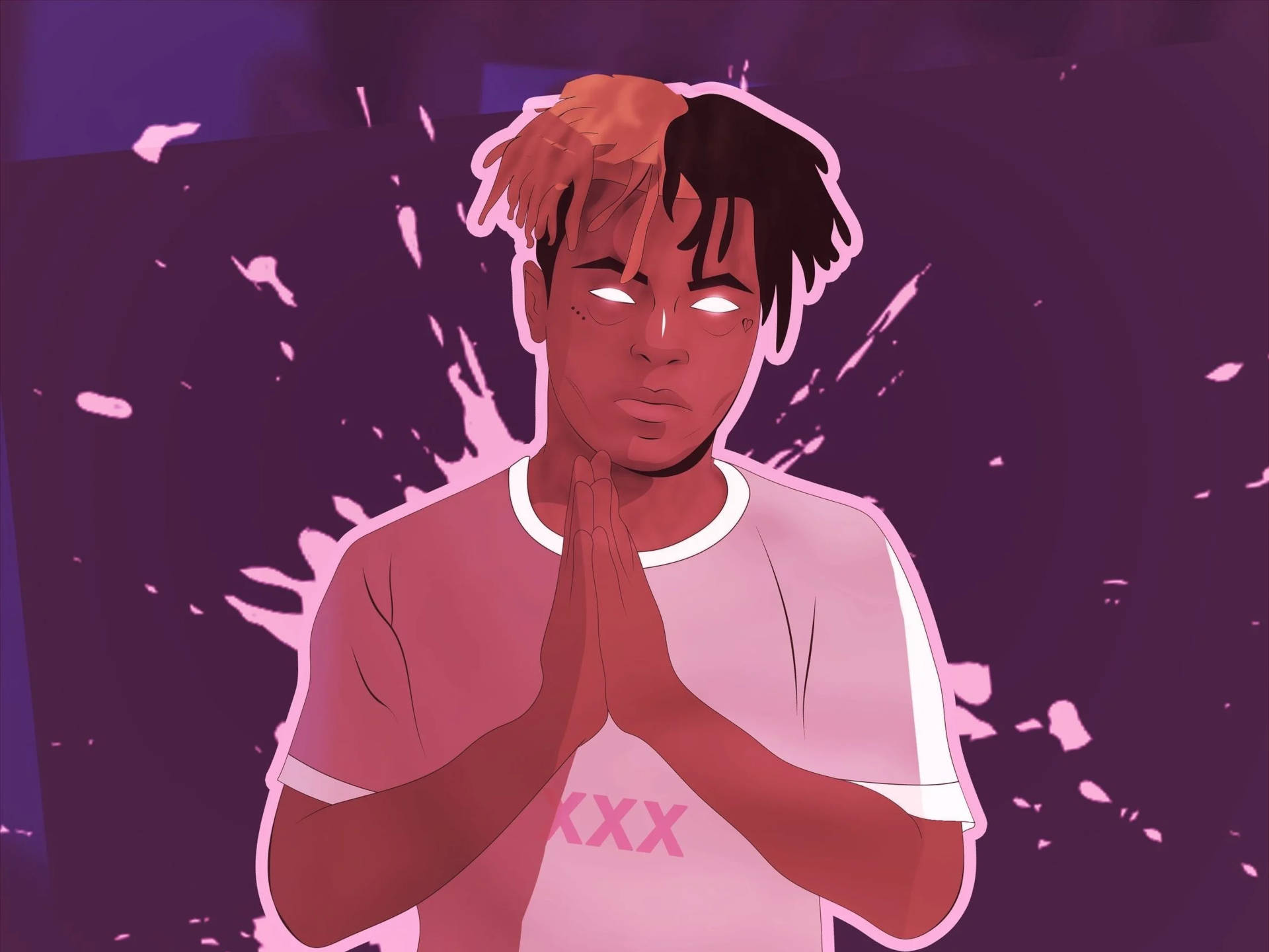 眼睛發光、頭髮中分的人，在紫色潑濺背景中祈禱。 — Xxxtentacion 壁紙