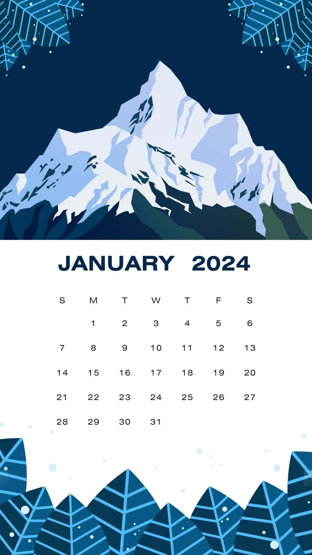 壁紙 — 一個風格化的2024年1月月曆，以深藍色背景為襯托，雪覆蓋的山峰被藍色松枝環繞。