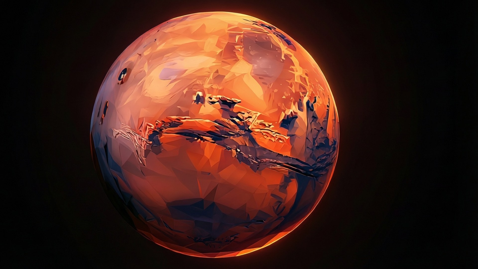Geometric Mars 壁紙 — 一個風格化的低多邊形行星，帶有發光的橙色和深紅色面，置於黑暗虛空中。