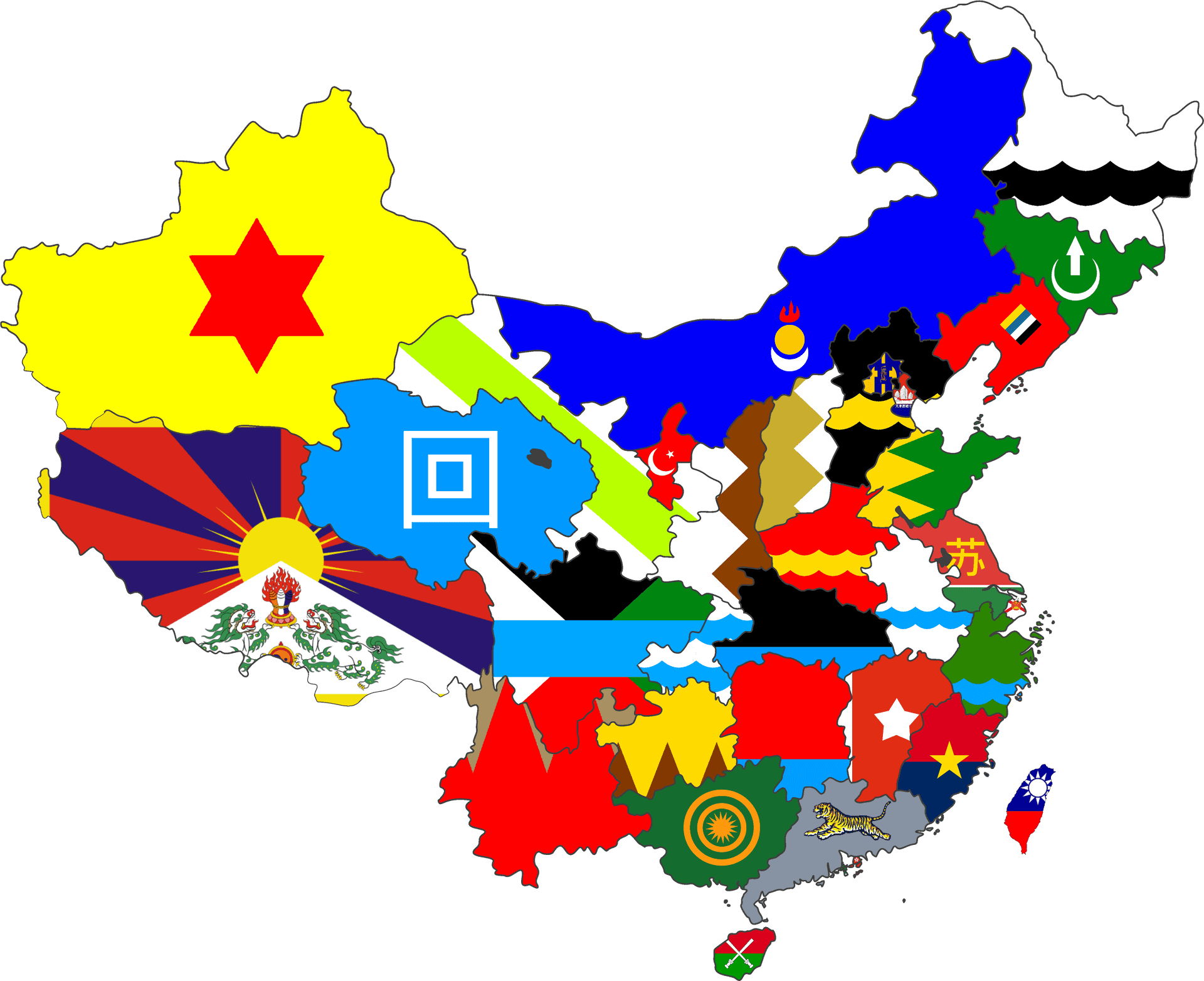 中國地圖，每個區域由不同的旗幟或徽章填充。 — 中國 壁紙