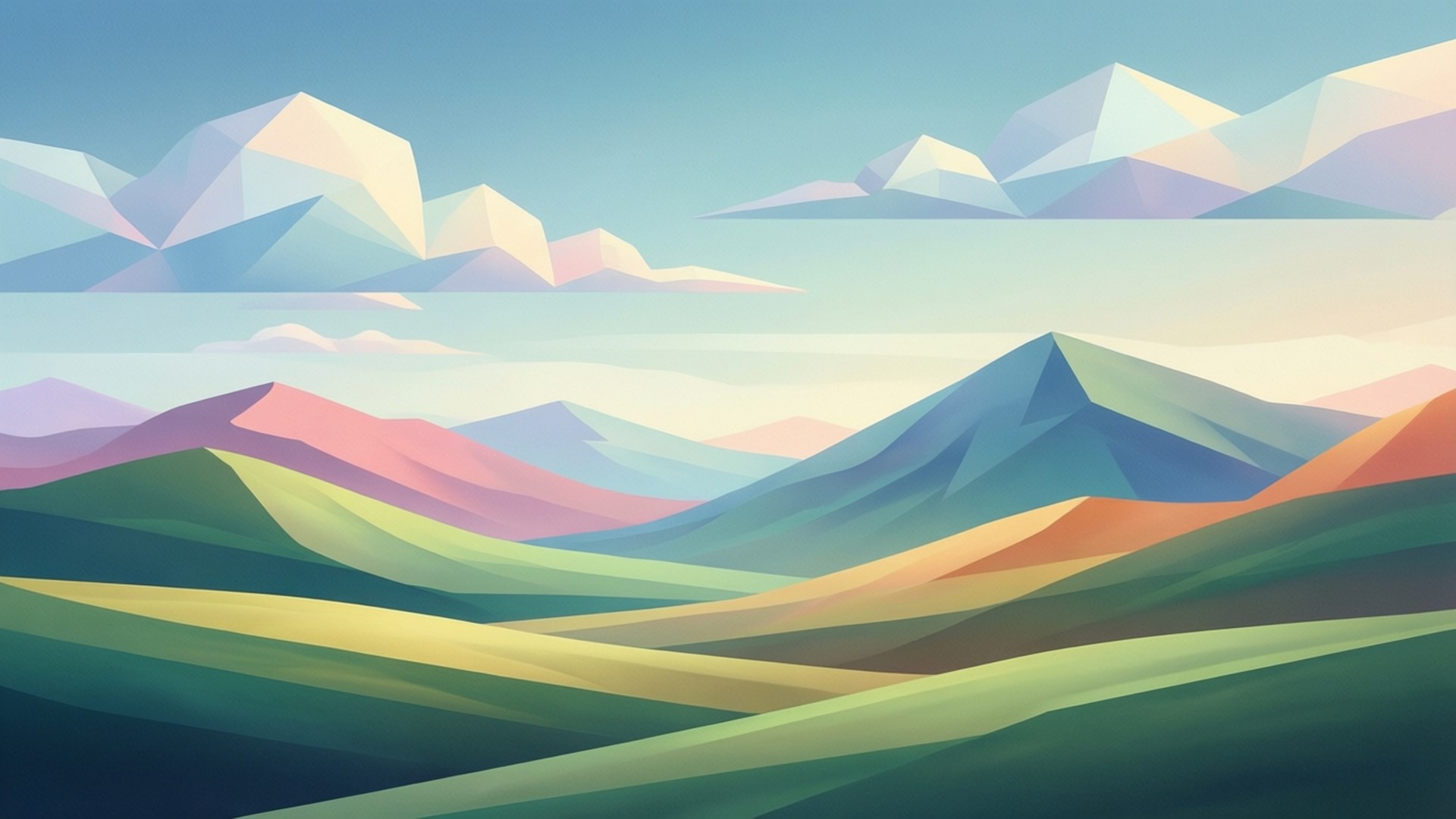 Modern Pastel Landscape 壁紙 — 風格化的山景，具有幾何山峰和分層丘陵，以柔和藍天為背景的粉彩調色。