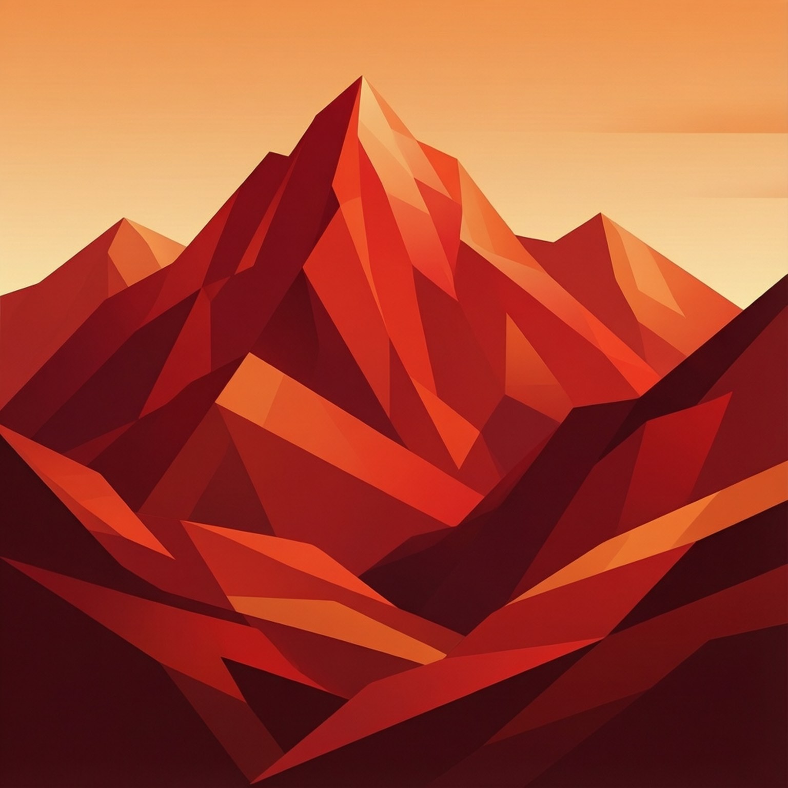 Geometric Red Mountain 壁紙 — 以大膽幾何面呈現的風格化山脈，帶有火橙色和深紅色調，背景為漸變日落天空。