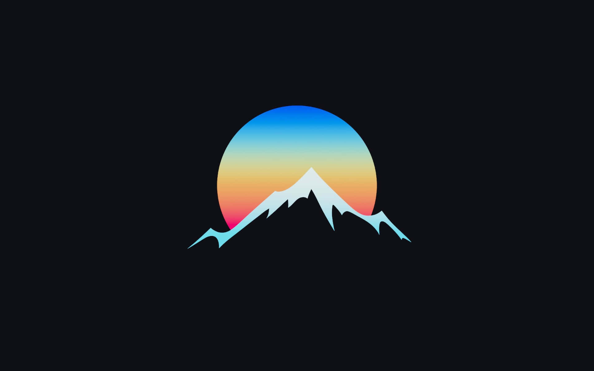  壁紙 — 一個風格化的山脈剪影在黑色背景上，位於充滿活力的漸變日落圓圈下方。