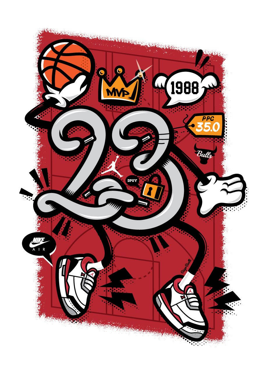 數字23的插圖，配有籃球鞋和統計數據，如MVP和1988。 — Jordan Logo 壁紙