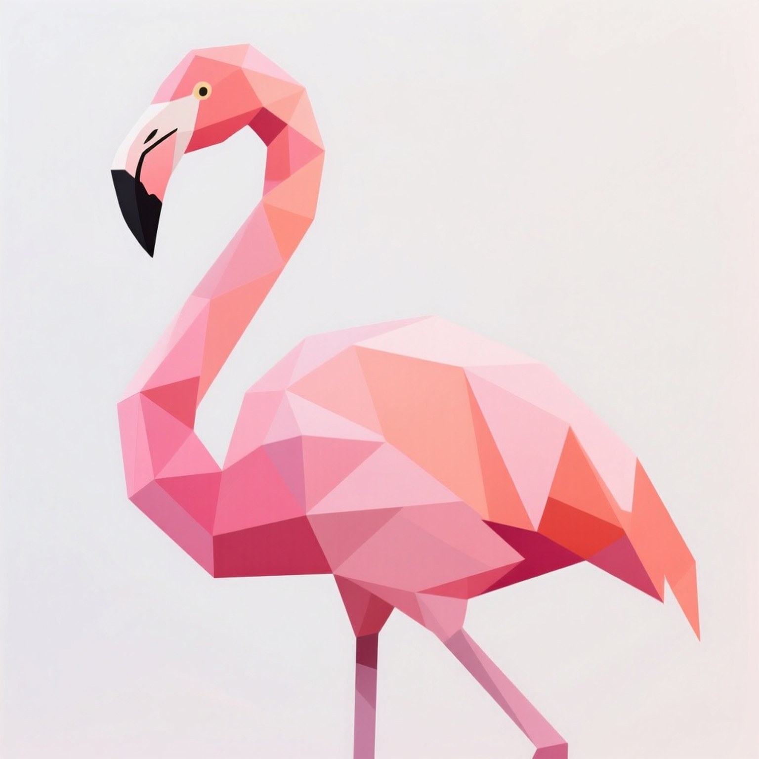 Geometric Flamingo Art 壁紙 — 一隻風格化的粉紅色火鶴，以幾何多邊形面呈現，背景為純淺灰色。