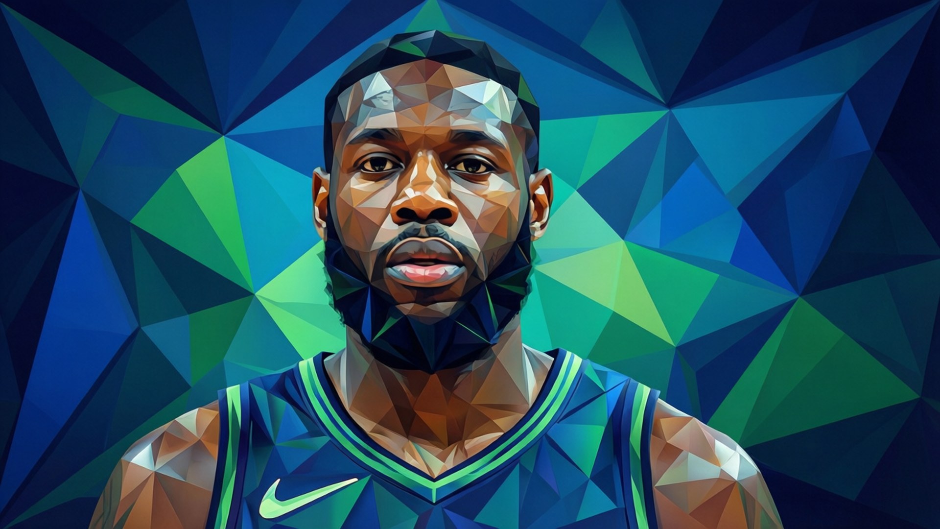 Low Poly Kemba 壁紙 — 一個風格化的多邊形肖像，描繪一位身穿藍綠色球衣的籃球運動員，背景為幾何藍綠色。