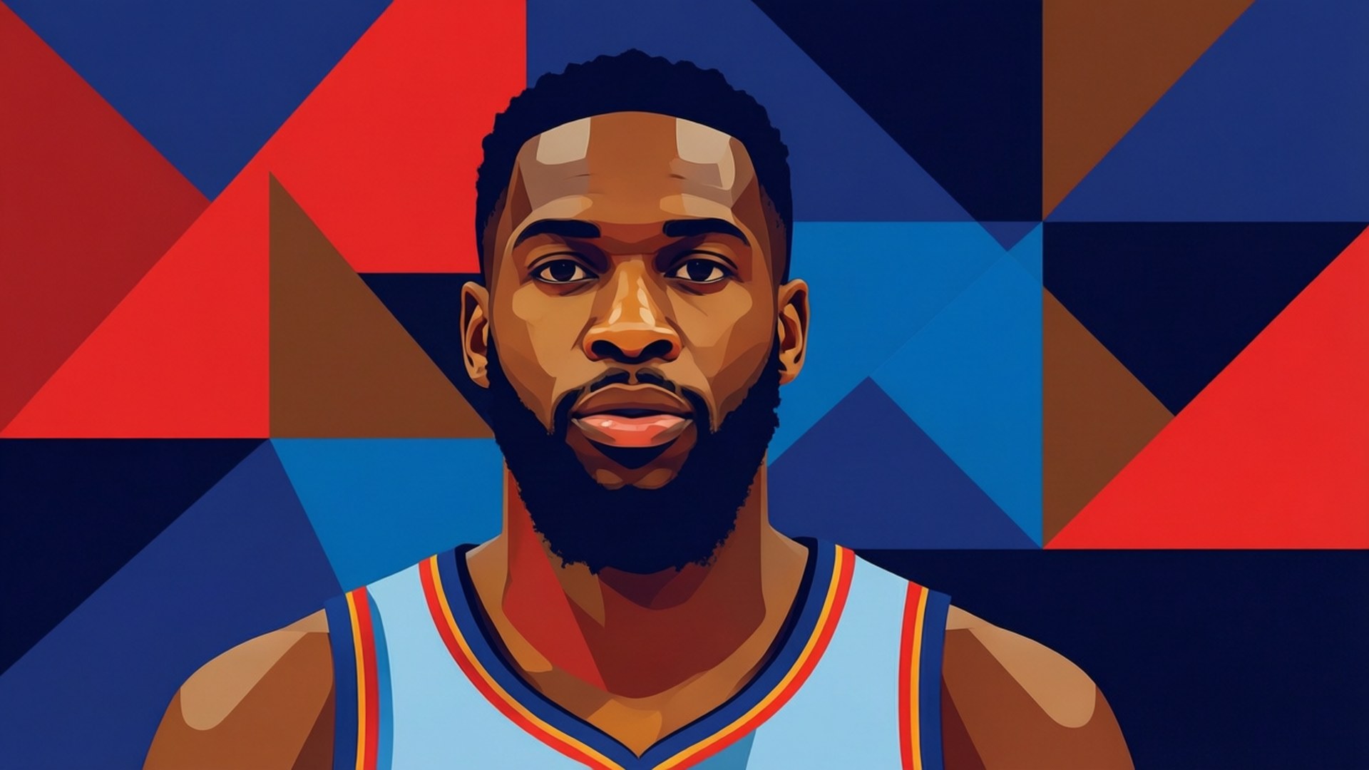 Brogdon Vector Minimalist 壁紙 — 一個鬍鬚籃球運動員的風格化肖像，身穿淺藍色球衣，背景是紅色、藍色和棕色三角形的醒目幾何圖案。
