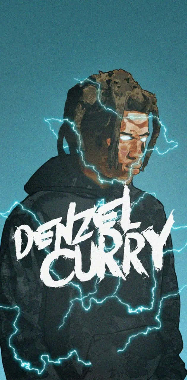  壁紙 — Denzel Curry 的風格化肖像，電藍色閃電在他頭部和連帽衫周圍噼啪作響，背景為青綠色。