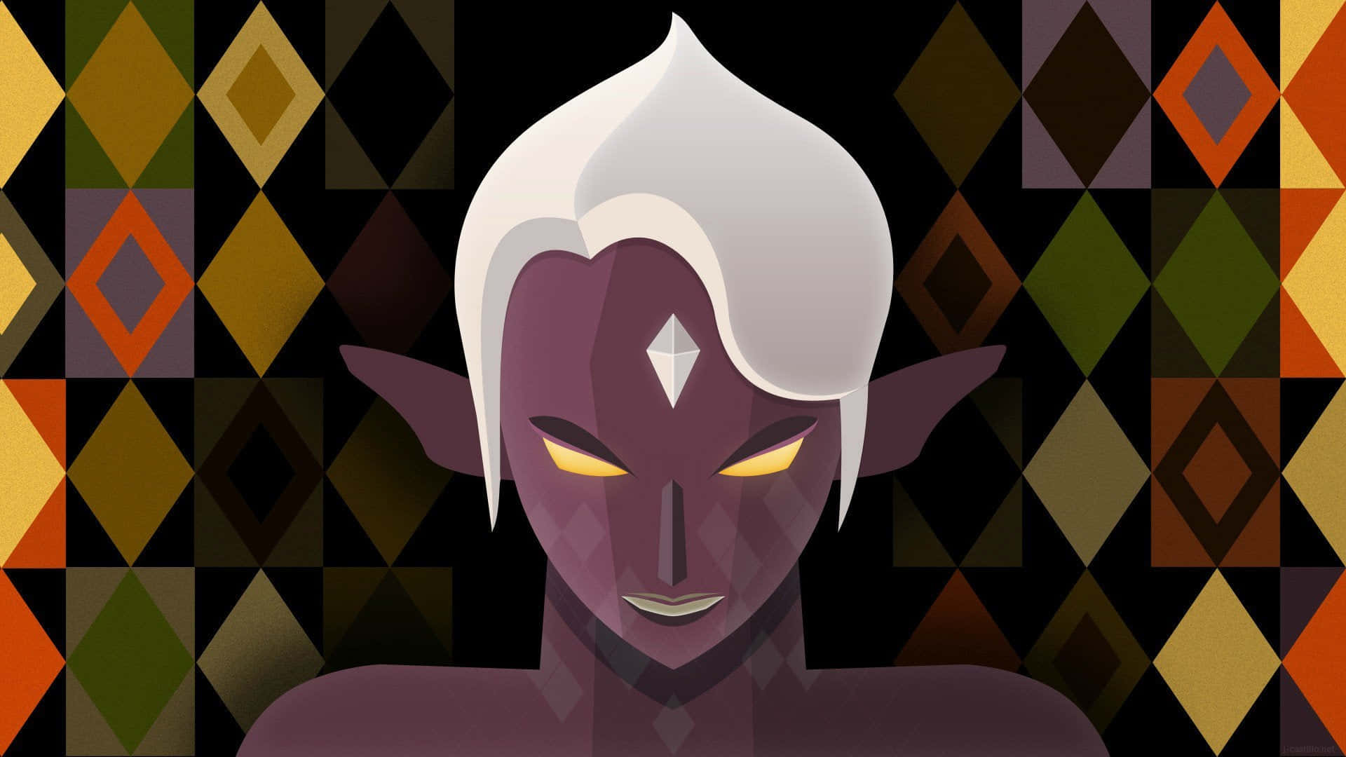 The Legend Of Zelda Ghirahim 桌布 壁紙 — 一個風格化的紫色精靈，擁有發光的黃色眼睛和白色頭髮，站在幾何鑽石圖案背景前。