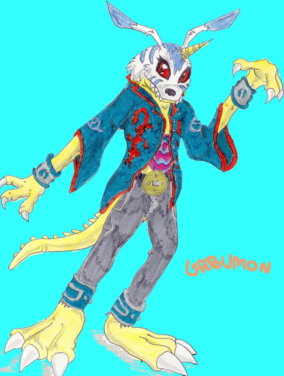 Gabumon 桌布 壁紙 — 一隻風格化的兔形數碼寶貝，擁有紅色眼睛和獨角獸角，在明亮的青色背景上動態站立。