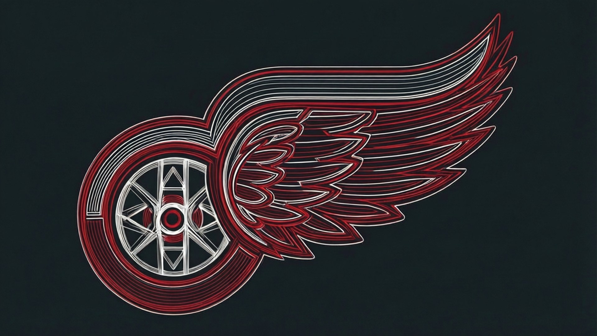 Minimalist Winged Wheel 壁紙 — 一個風格化的紅色和銀色有翼車輪標誌，在深色背景上有分層線條。