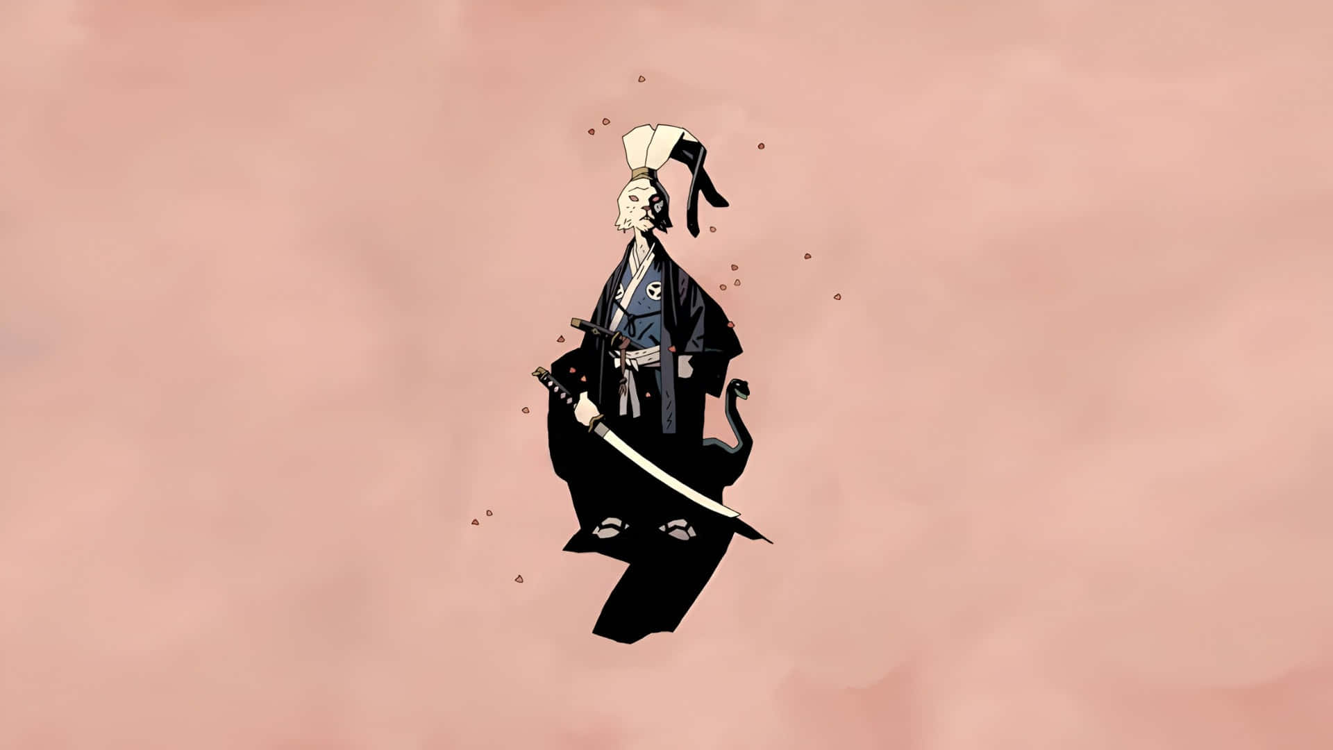  壁紙 — 一個風格化的武士戰士，身穿深色長袍和白色帽子，手持武士刀，站在柔和的粉紅色漸變背景前。