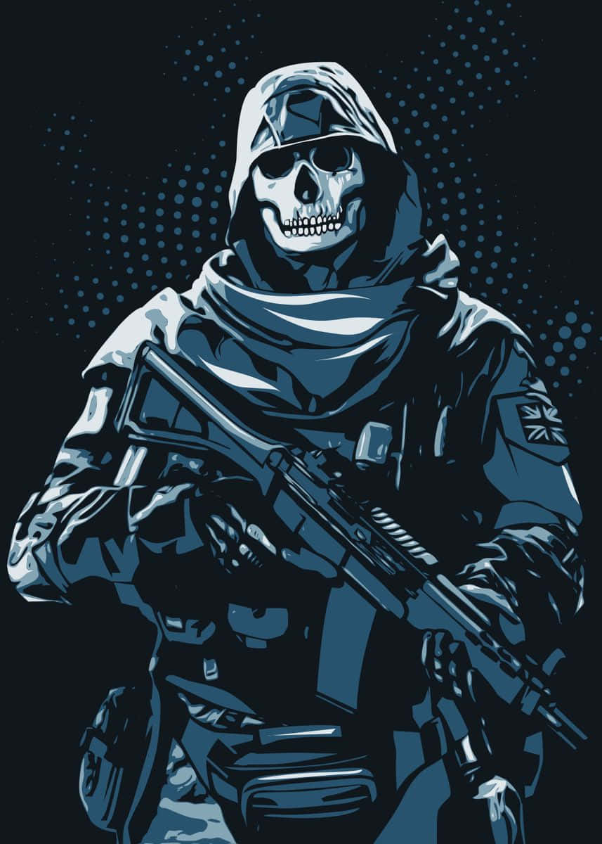 壁紙 — 一個風格化的骷髏臉士兵穿著戰術裝備，在深色點狀背景前持步槍。