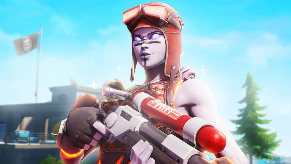 戴紅色頭盔的遊戲角色手持火箭發射器，背景有松樹和旗幟。 — Fortnite 壁紙