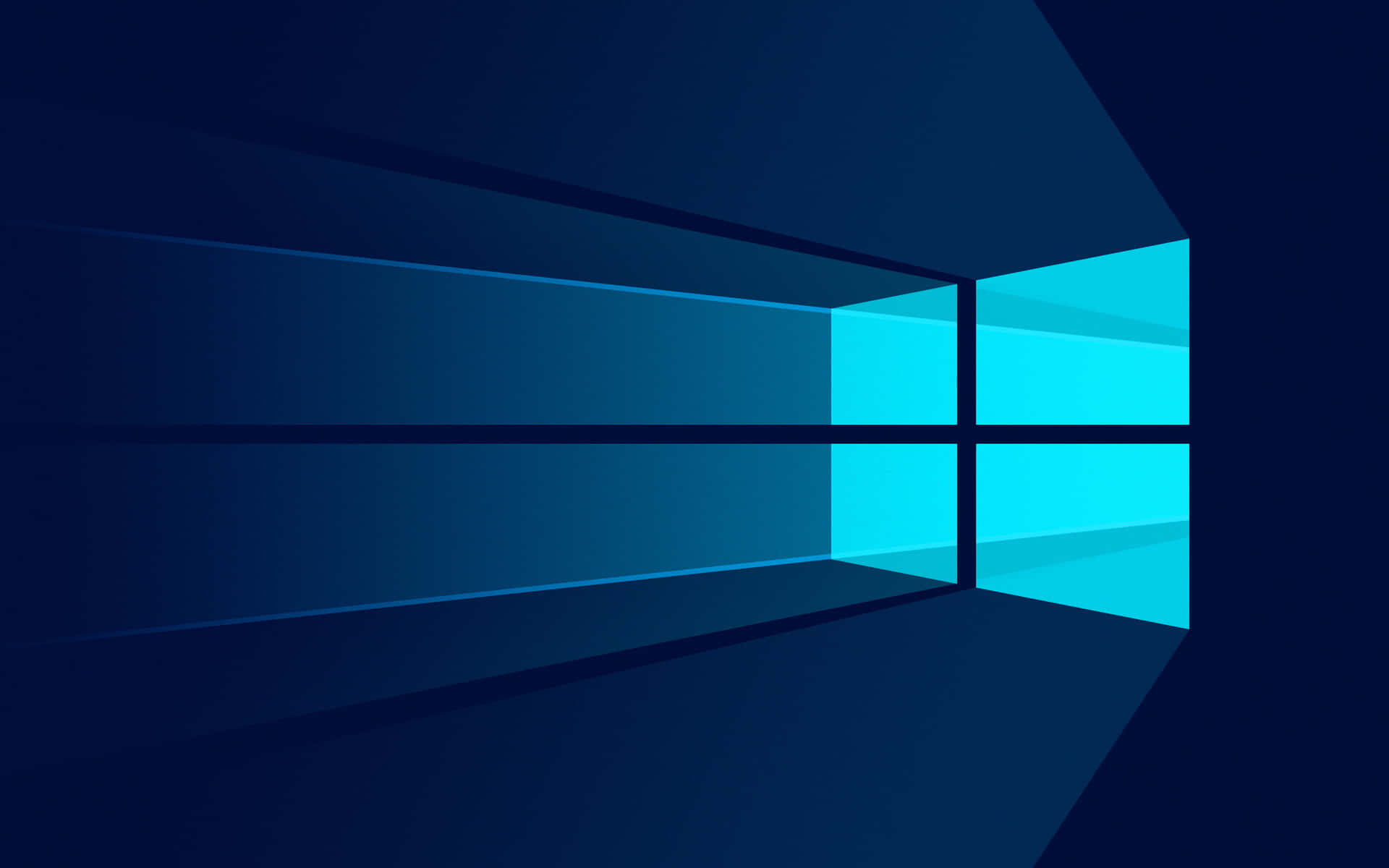 在深藍色背景上，帶有發光青色窗格的抽象數位窗戶標誌。 — Windows 11 壁紙