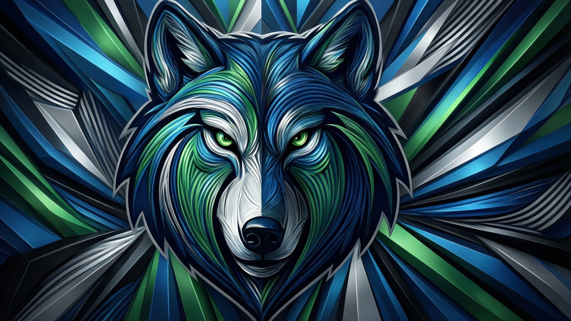 Geometric Wolf Abstract 壁紙 — 一個風格化的狼頭，帶有發光的綠色眼睛，從藍色、綠色和銀色的幾何射線爆發中輻射出來。