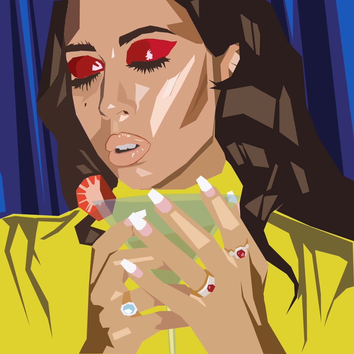  壁紙 — 一位風格化的女性，紅眼睛，長黑髮，穿著大膽的黃色上衣，在深藍色背景下啜飲雞尾酒。