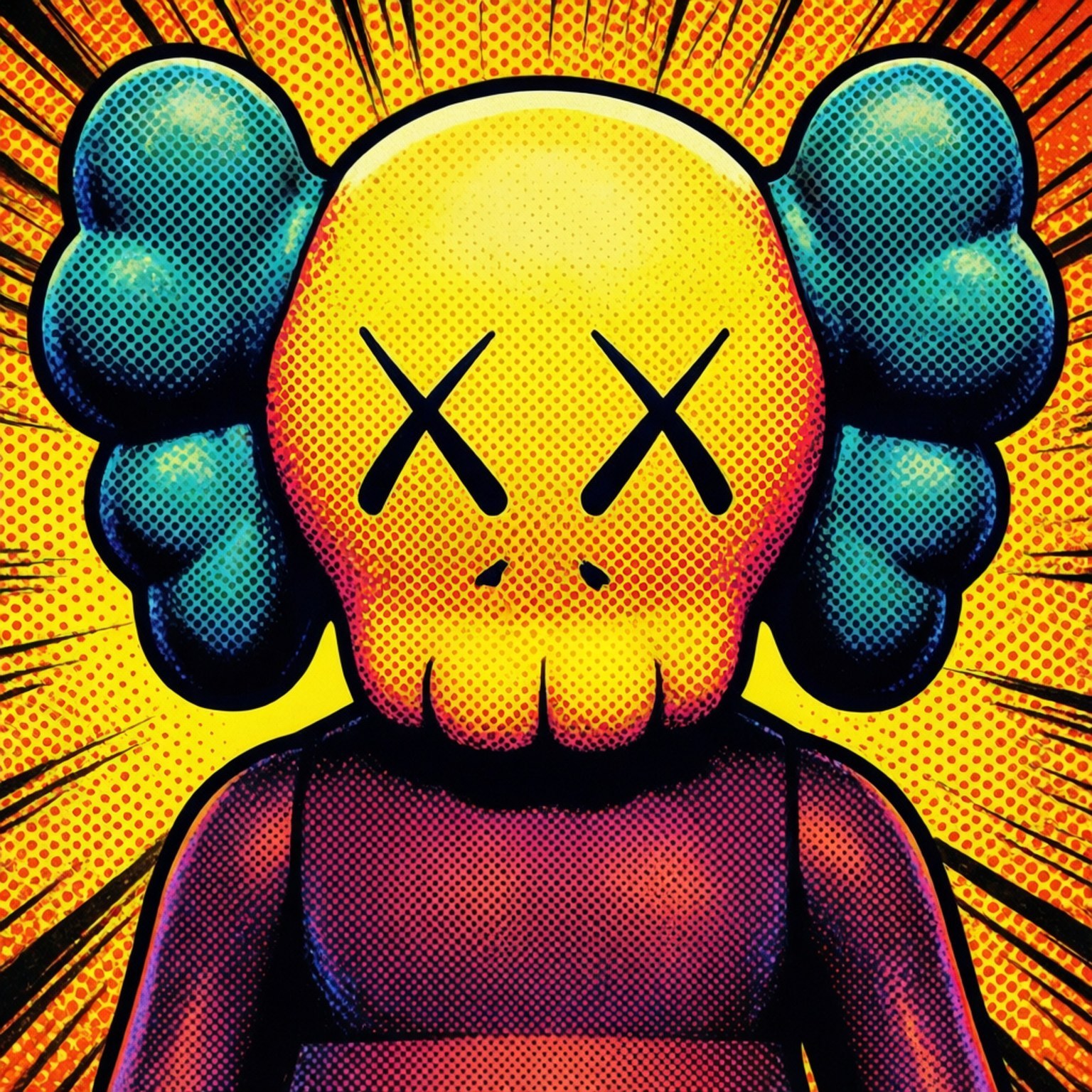 Pop Art Kaws 壁紙 — 一個風格化的黃色骷髏頭，帶有 X 形眼睛和藍色 puff，襯托著帶有漫畫半色調圓點的耀眼橙色背景。