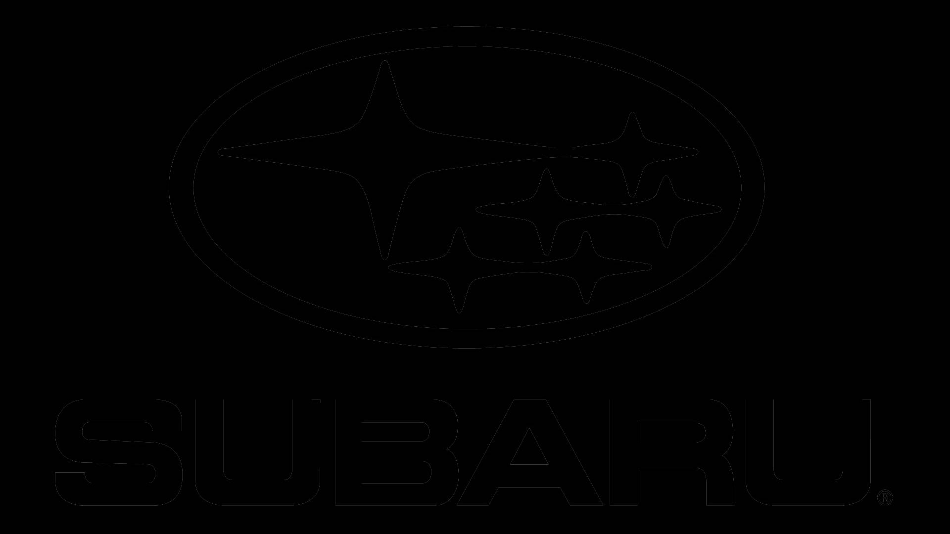 Subaru Logo 桌布 壁紙 — Subaru 標誌，橢圓形內有五顆星，以淡白色勾勒，背景為純黑色。