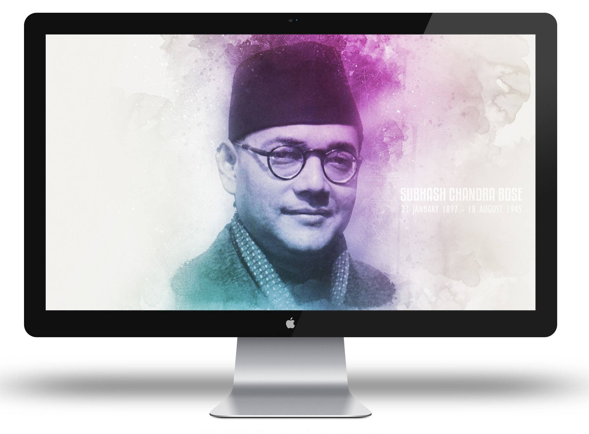 軍隊 桌布 壁紙 — Subhash Chandra Bose 的水彩風格肖像，顯示在時尚的 iMac 顯示器上，帶有紫色和藍綠色的潑濺效果。
