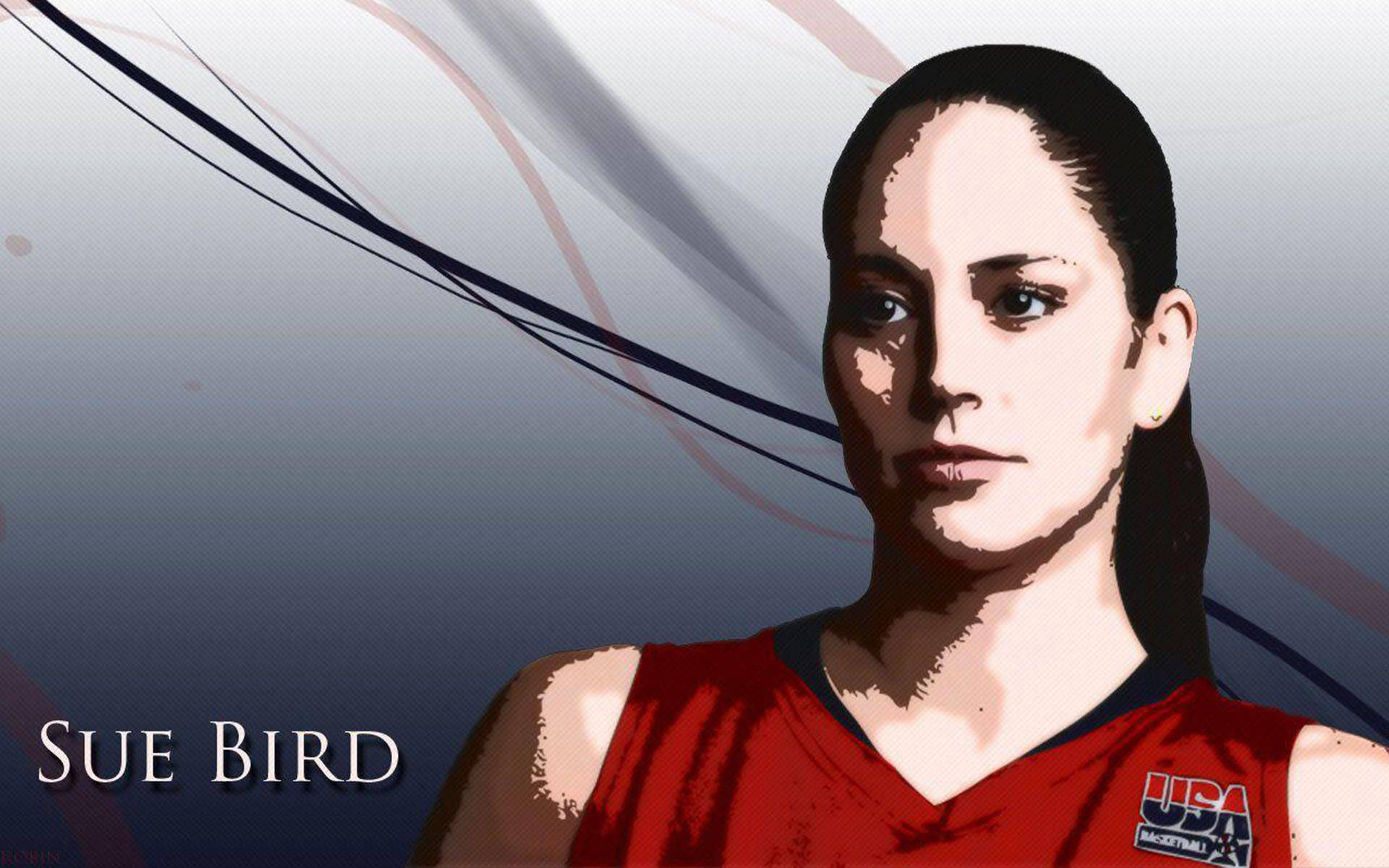 Sue 桌布 壁紙 — Sue Bird 身穿紅色美國籃球球衣，背景為動態抽象的風格化肖像。