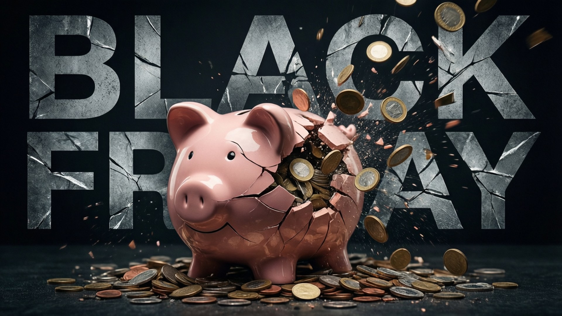 Black Friday Spending 壁紙 — 一個碎裂的粉紅色小豬撲滿爆開，硬幣四散，背景是裂開的黑色星期五文字。