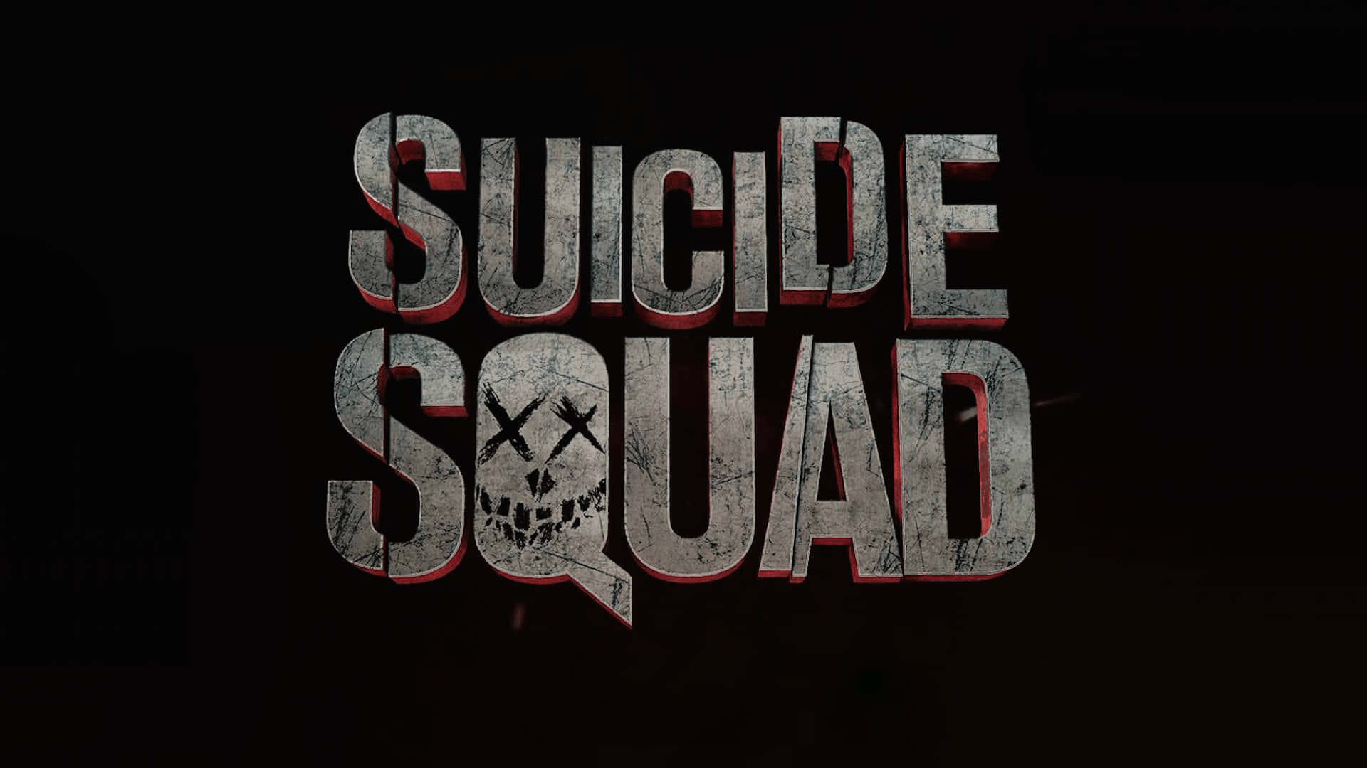 The Suicide Squad 桌布 壁紙 — Suicide Squad 的 gritty 3D 文字標誌，在 'A' 字中有一個骷髏頭，背景為深色。