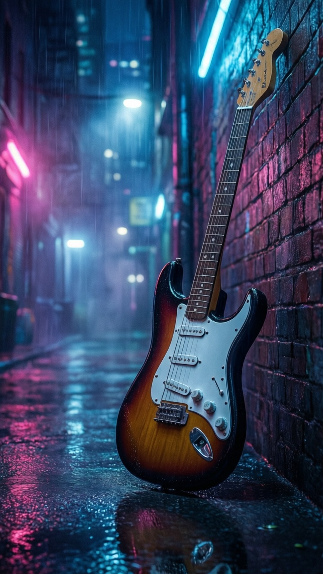 Neon Guitar Alley 壁紙 — 一把漸變色電吉他靠在霓虹燈照亮、雨水浸濕的小巷中的濕磚牆上。