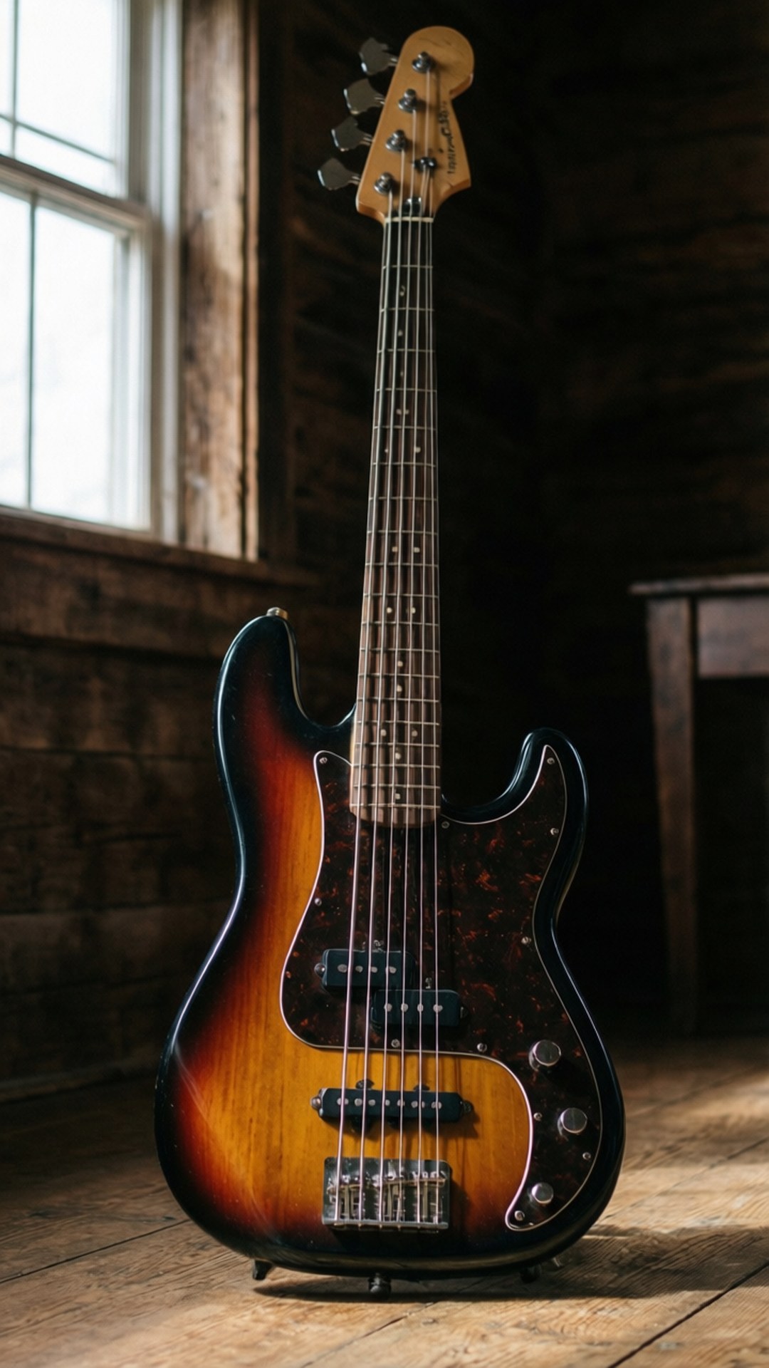 Sunburst Bass 壁紙 — 一把漸變色Fender Precision Bass吉他直立於鄉村風格房間的木地板上，靠近窗戶。