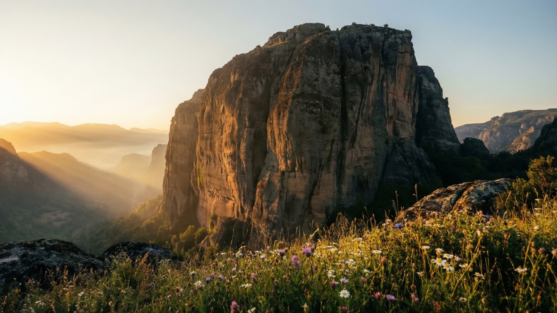 Golden Rock at Dawn 壁紙 — 陽光灑落在高聳的岩石懸崖上，前景野花盛開，遠處是霧氣繚繞的山巒。