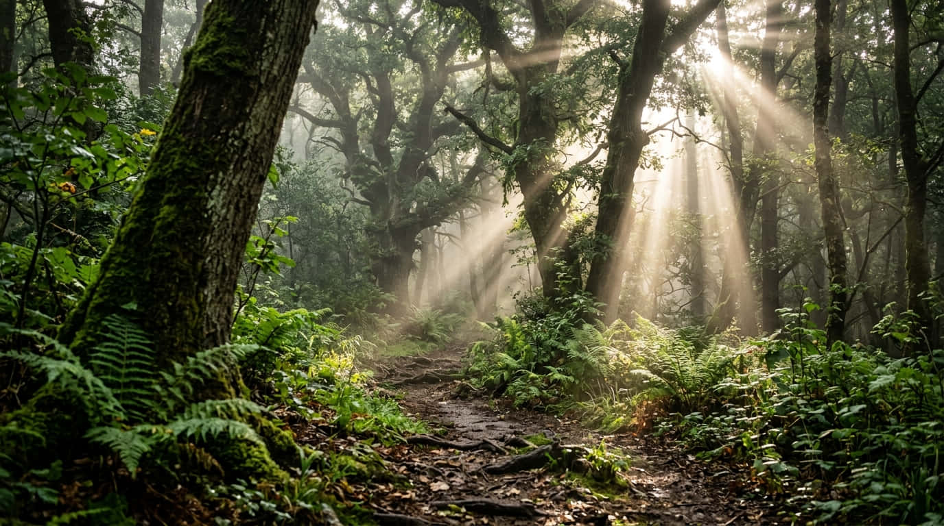 陽光穿過高大的樹木，在長滿青苔、兩旁長滿蕨類植物的森林小徑上投下光束。