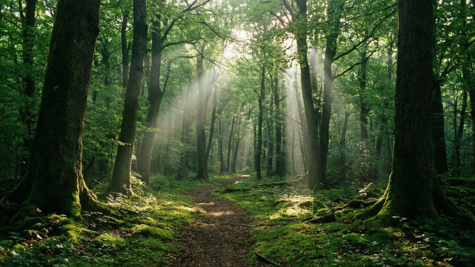 Sunlit Forest Path 壁紙 — 陽光穿過茂密的綠色森林，將空靈的光線投射在一條蜿蜒在高聳樹木之間的長滿苔蘚的泥土小徑上。