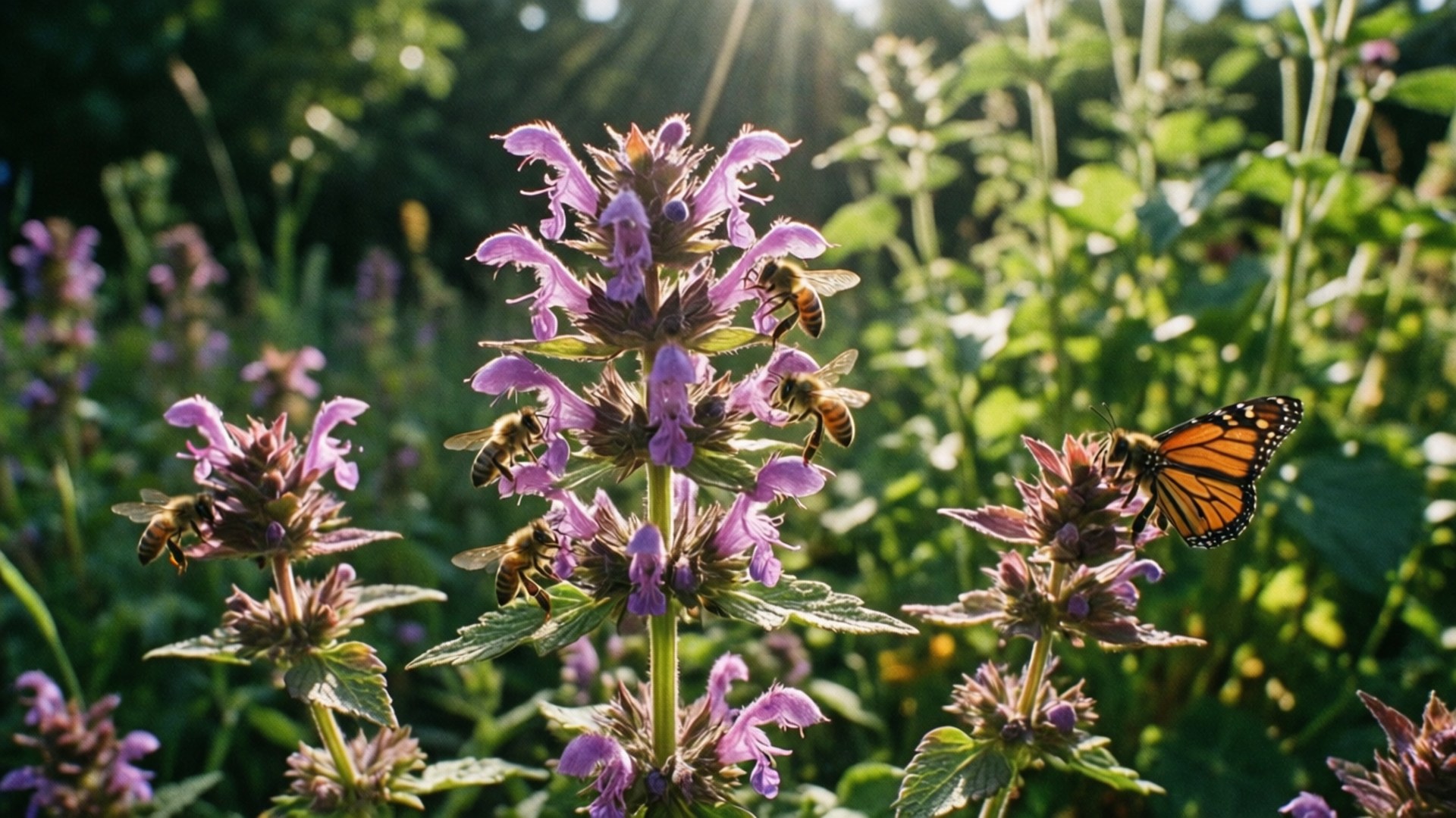 Catnip with Purple Blooms 壁紙 — 陽光穿過綠色樹葉，照亮了紫色花朵，蜜蜂和帝王斑蝶在花間忙碌。