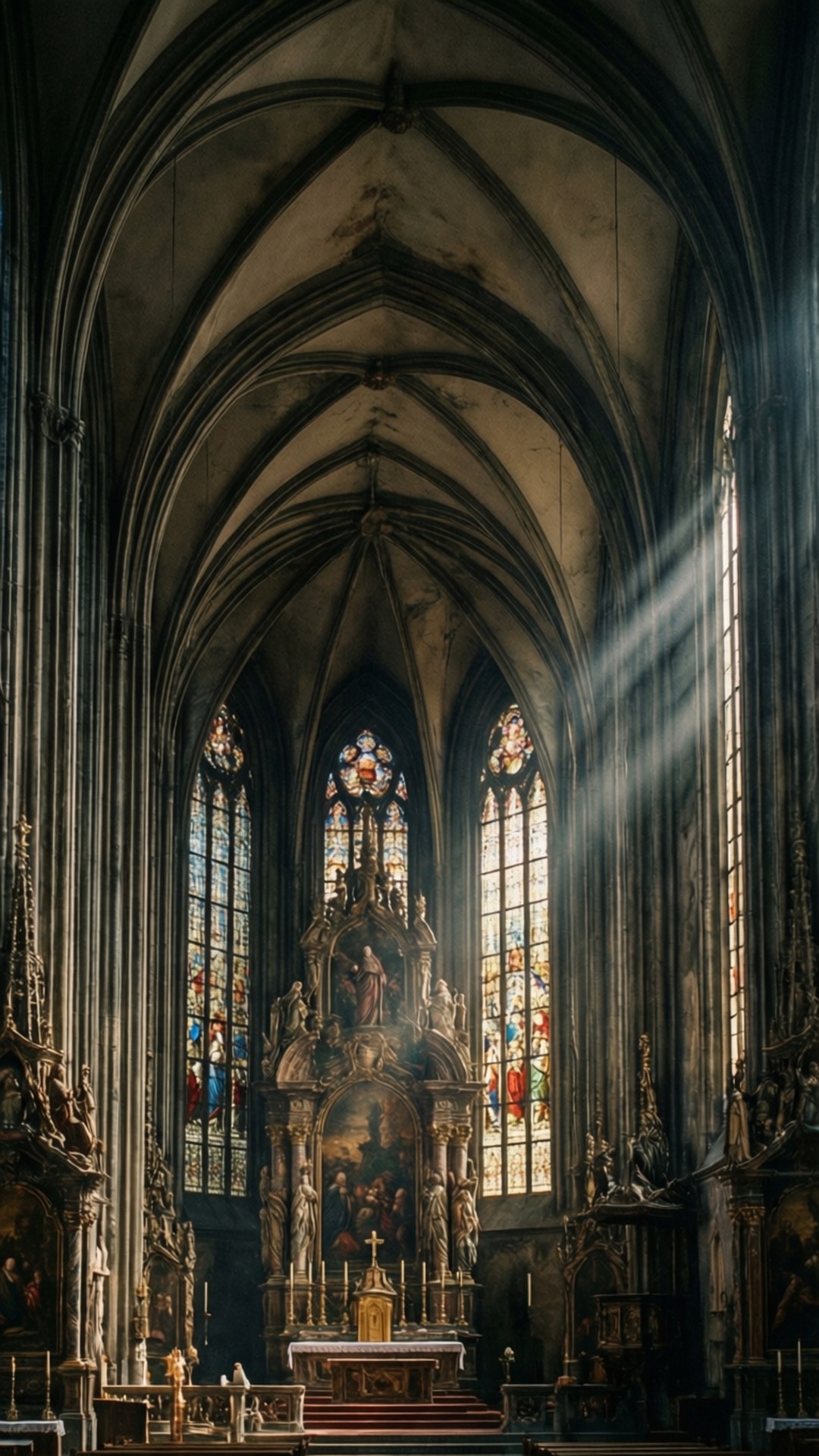 Cathedral Interior 壁紙 — 陽光穿過彩繪玻璃窗，照亮了宏偉的哥德式大教堂祭壇，其上有精緻的石雕和高聳的拱門。