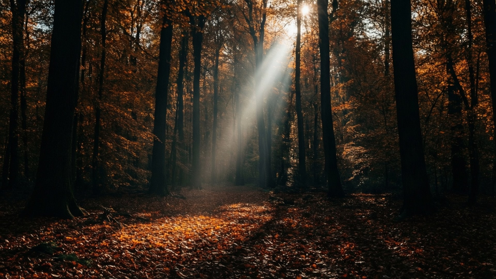 Autumn Sunbeam in Dark Forest 壁紙 — 陽光穿過高大的樹木，將金色的光線投射在寧靜森林中落葉鋪成的地毯上。