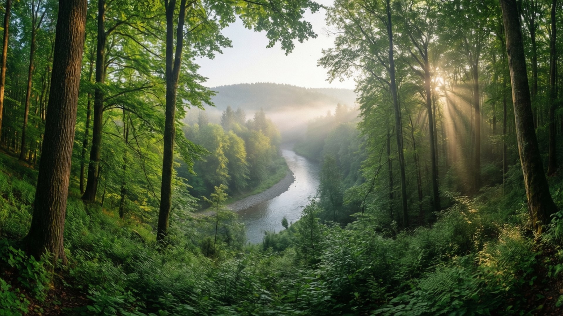 Misty Forest River 壁紙 — 陽光穿過高大的樹木，照亮了蜿蜒穿過鬱鬱蔥蔥的綠色森林山谷的霧濛濛的河流。