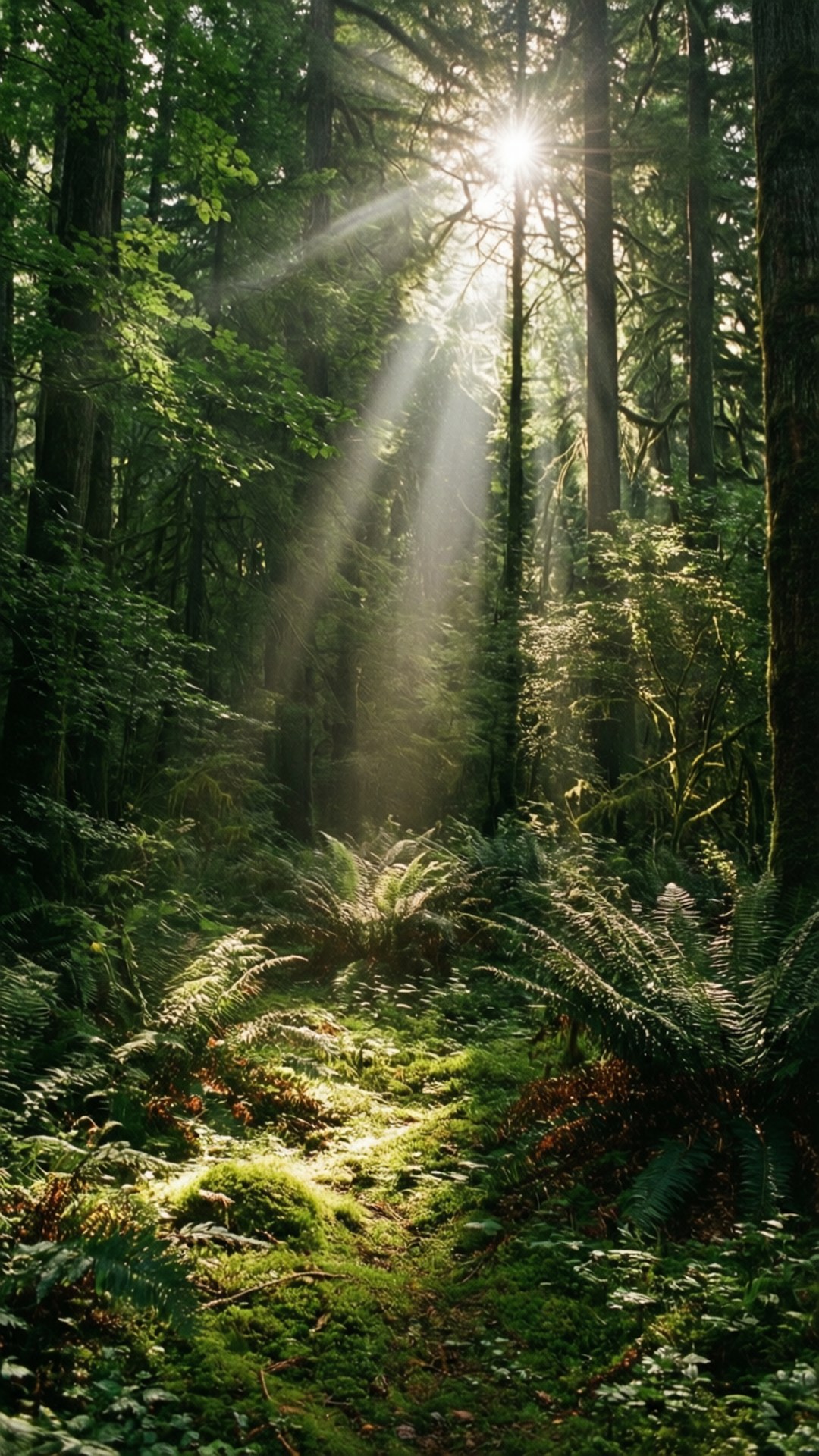 Forest Light 壁紙 — 陽光穿過高聳的樹木，照亮了長滿苔蘚和蕨類植物的森林地面。