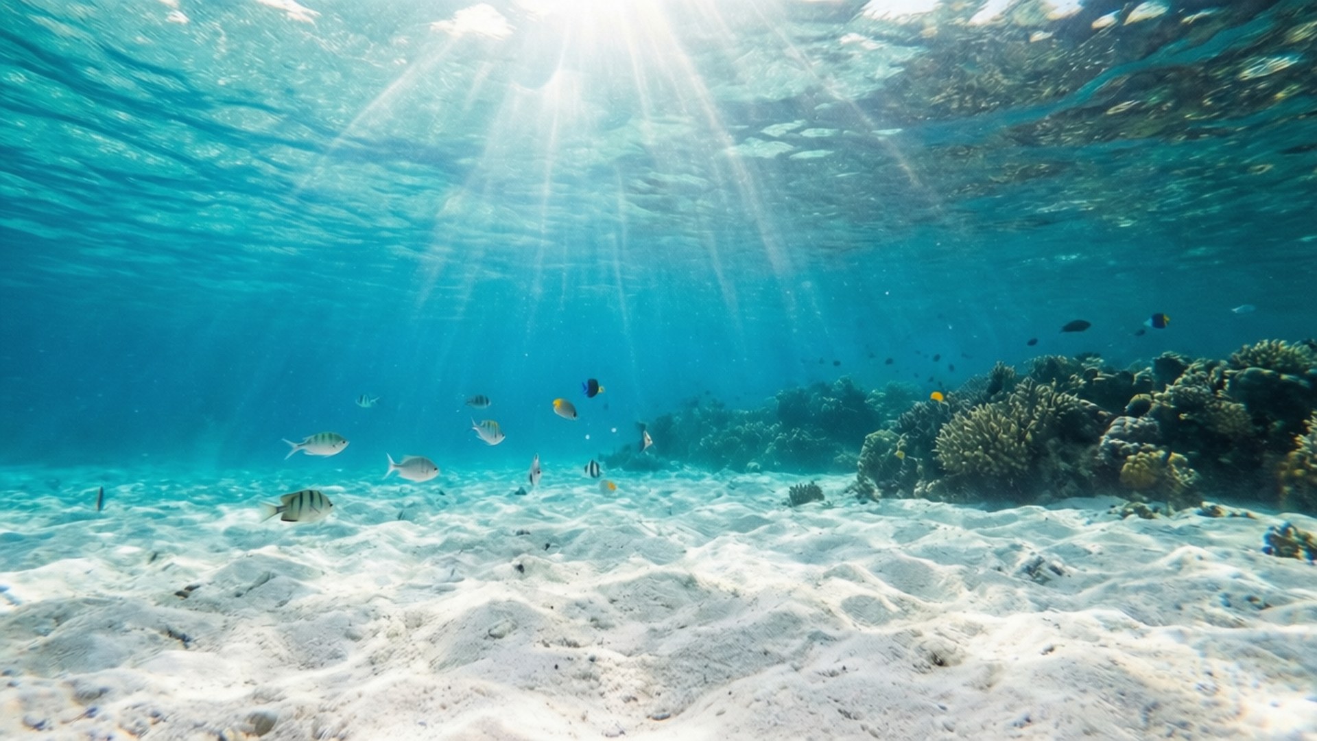 Underwater Beach View 壁紙 — 陽光穿過碧綠海水，照亮了有珊瑚礁和熱帶魚游動的沙質海床。