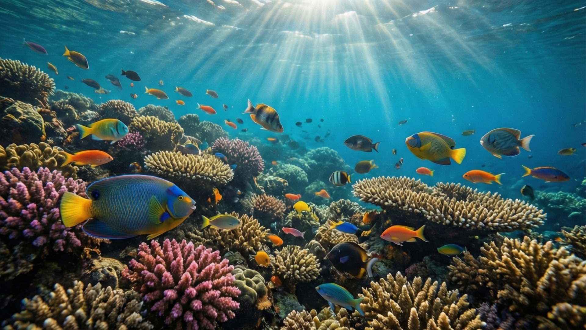 Underwater Coral Reef 壁紙 — 陽光穿過碧綠海水，照亮了一個充滿色彩繽紛熱帶魚的 vibrant 珊瑚礁。