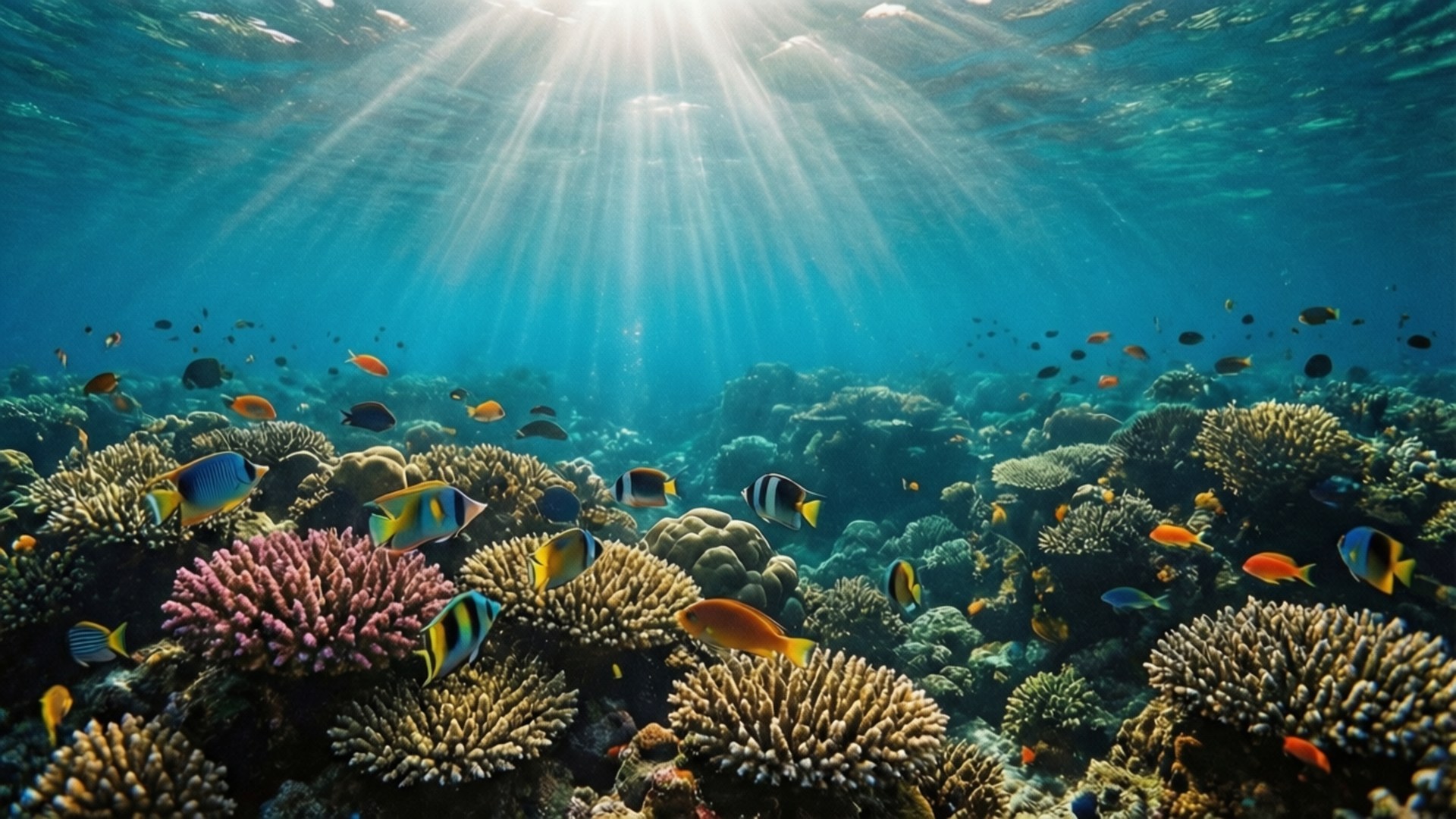 Ocean Reef 壁紙 — 陽光穿過碧綠海水，照亮了一個充滿色彩繽紛熱帶魚的 vibrant 珊瑚礁。