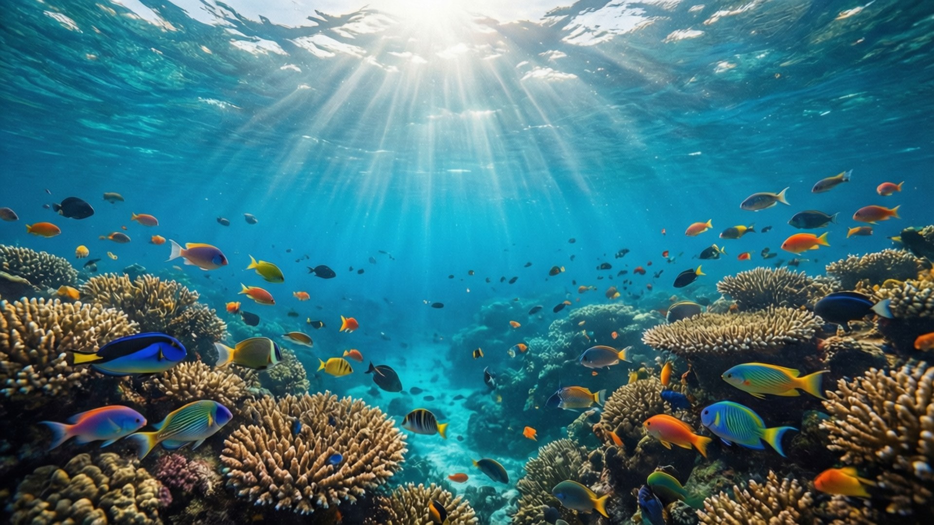 桌布 壁紙 — 陽光穿過碧綠海水，照亮了一個充滿色彩繽紛熱帶魚的 vibrant 珊瑚礁。