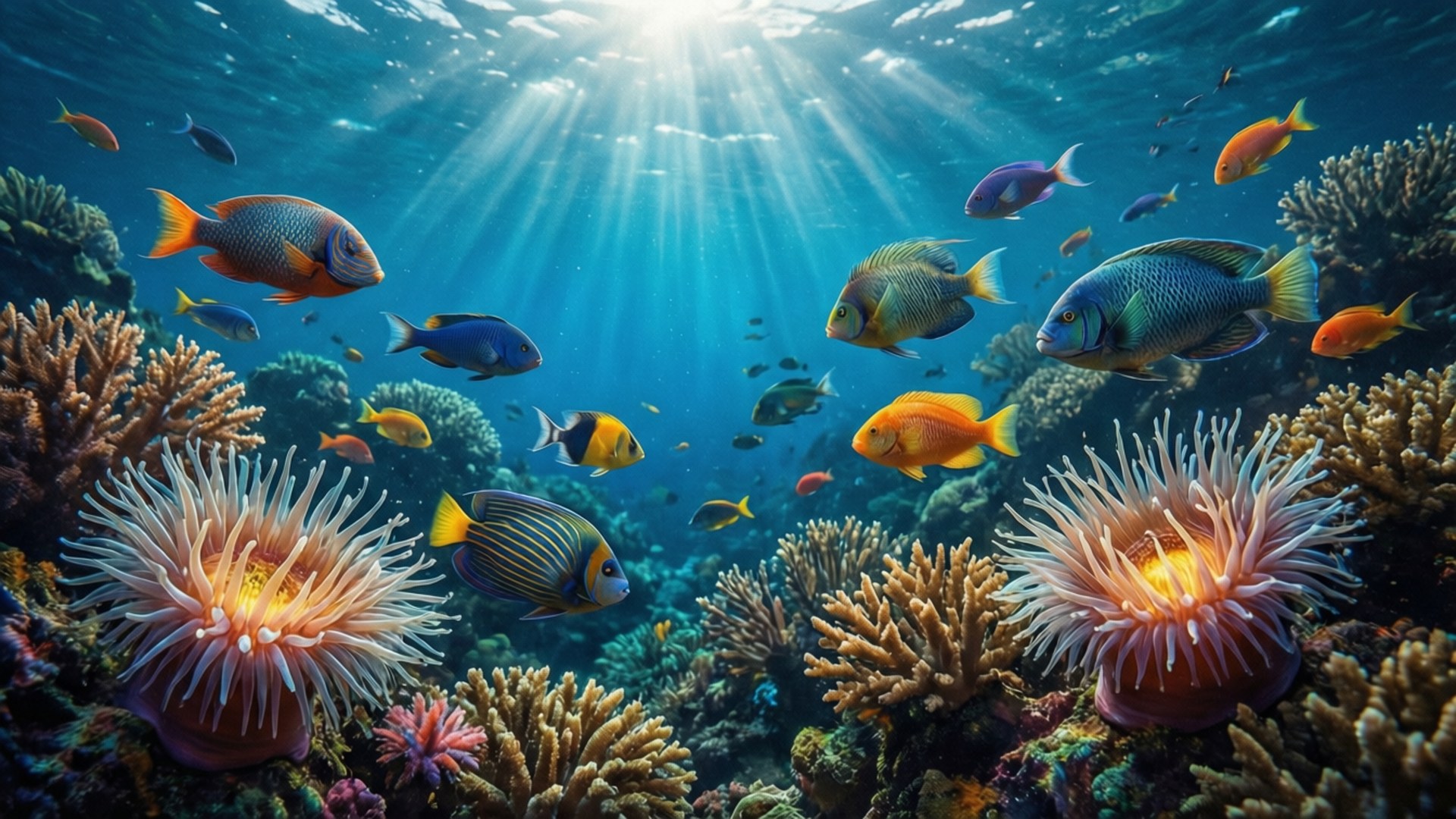 Underwater Coral Paradise 壁紙 — 陽光穿過碧綠海水，照亮了充滿活力的珊瑚礁和色彩繽紛的熱帶魚優雅地游動。