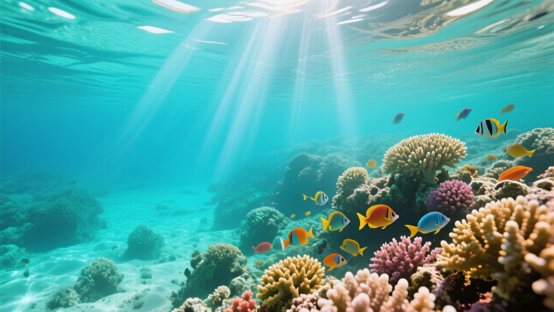Red Sea Coral Reef 壁紙 — 陽光穿過碧綠海水，照亮了生機勃勃的珊瑚礁和色彩繽紛的熱帶魚在下方游動。