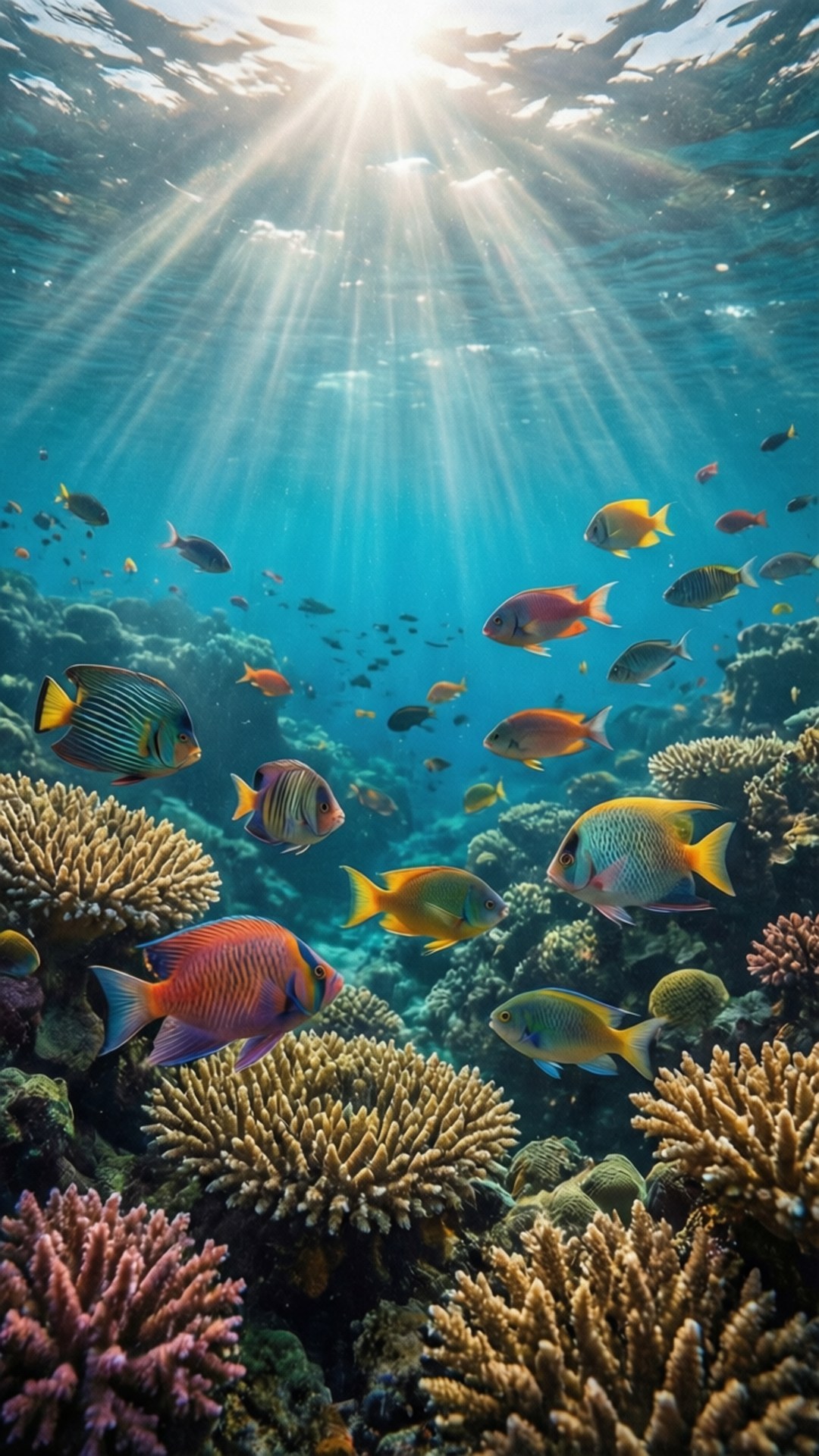 陽光穿過海水，照射在色彩繽紛的珊瑚礁和熱帶魚上 — iPad 壁紙