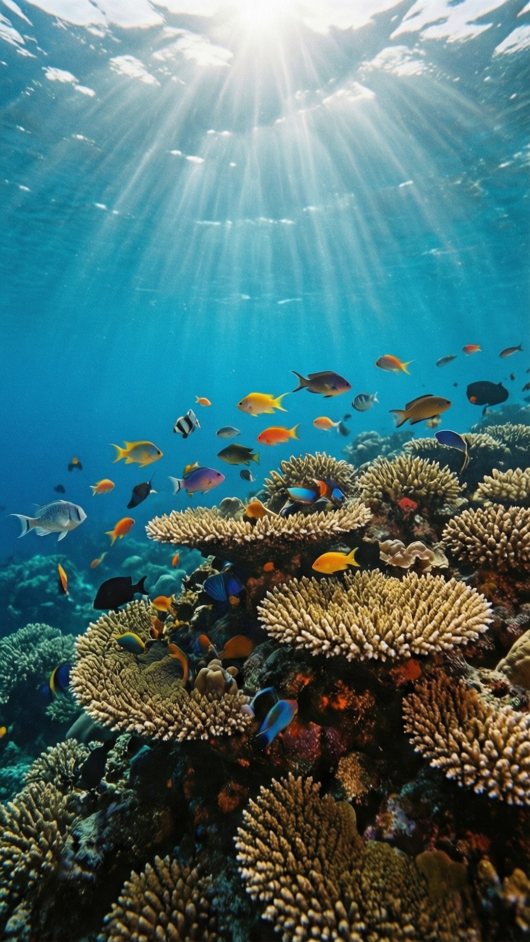 Coral Reef 壁紙 — 陽光穿過碧綠海水，照亮了生機勃勃的珊瑚礁和色彩繽紛的熱帶魚在下方游動。