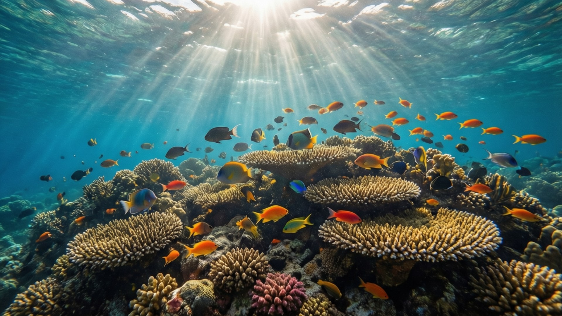 Cancun Coral Reef 壁紙 — 陽光穿過碧綠海水，照亮了充滿色彩繽紛熱帶魚的 vibrant 珊瑚礁。