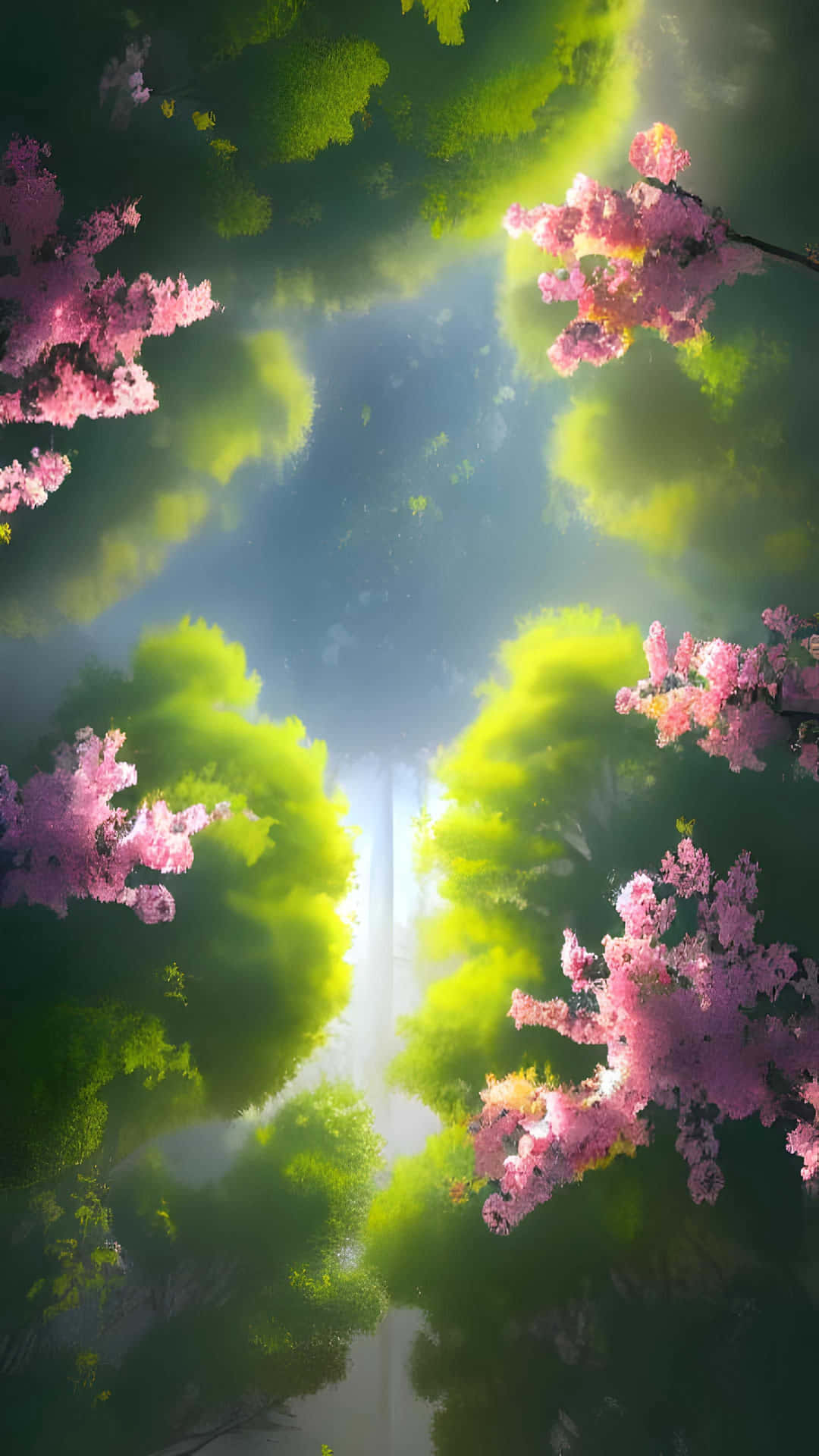  壁紙 — 陽光穿過充滿活力的綠樹和粉紅色的櫻花，照射在寧靜的森林樹冠上。