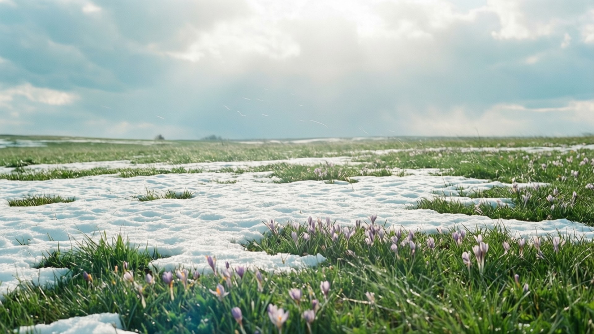 Spring Awakening Meadow 壁紙 — 陽光穿過雲層，灑在一片田野上，那裡的雪塊在充滿活力的綠草和盛開的紫色番紅花周圍融化。